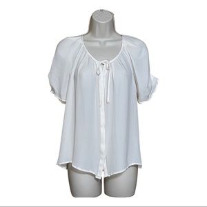 Joie Womens 100% Silk Solid Ivory Button Tied Blouse Ruched Sleeves Top Sz M.